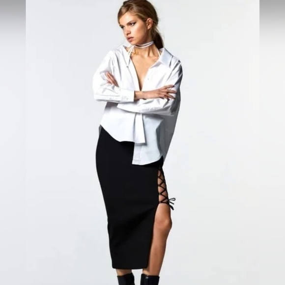 Zara Black High Waited Side Lace Slit Midi Skirt - Picture 2 of 5